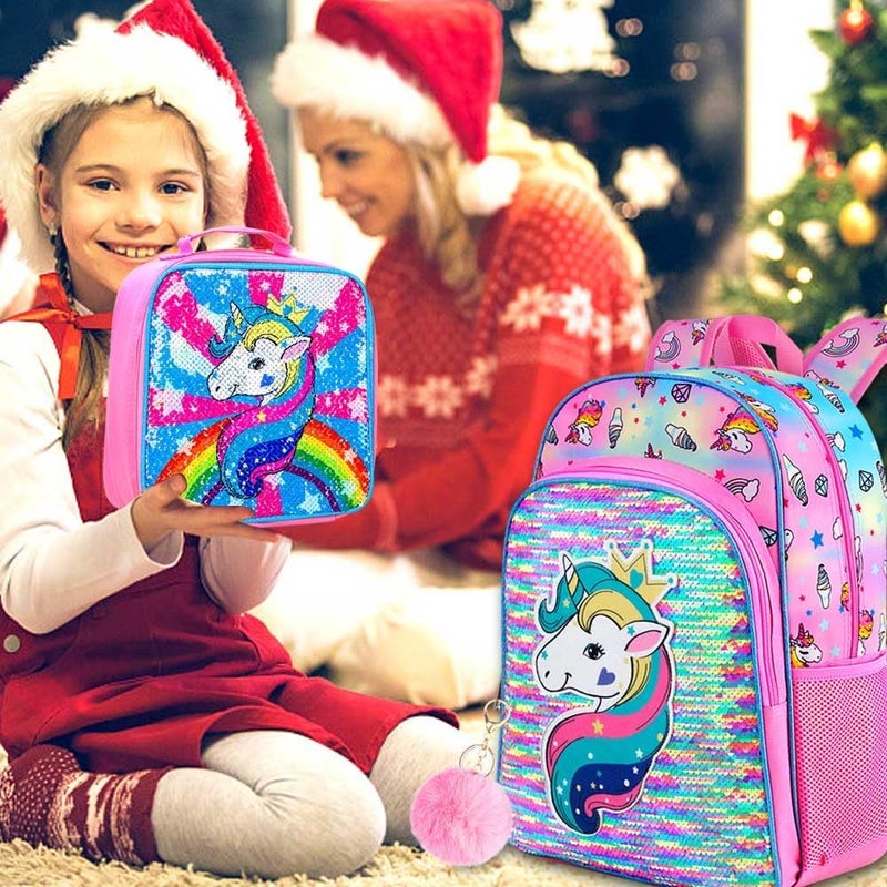 gxtvo 3PCS Unicorn Backpack for Girls, 16" Sequin Prechool Elementary Bookbag and Lunch Box - Image 2
